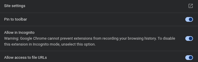 Chrome Snapify settings: Allow access to file URLs switch is blue and on