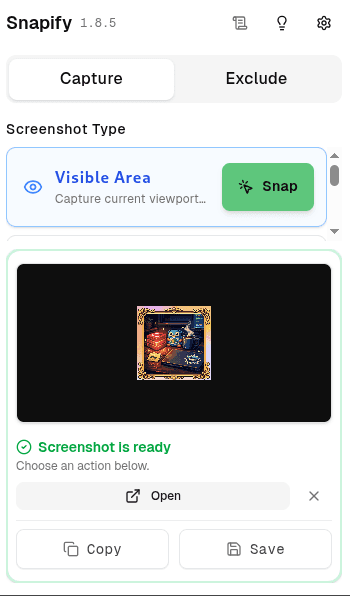 Snapify popup after capturing a local file, showing Screenshot is ready with Open, Copy, and Save