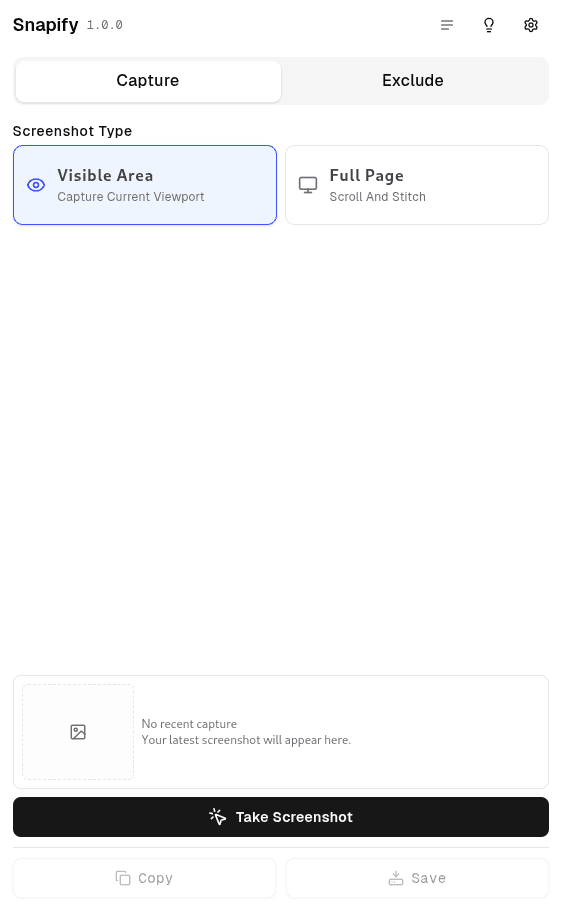 Snapify capture interface with Visible Area and Full Page screenshot options Snapify capture interface with Visible Area and Full Page screenshot options