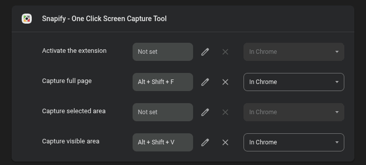 Chrome extension shortcuts page for Snapify visible area and full page captures Chrome extension shortcuts page for Snapify visible area and full page captures