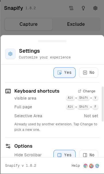 Snapify settings popup listing keyboard shortcuts for visible area and full page Snapify settings popup listing keyboard shortcuts for visible area and full page