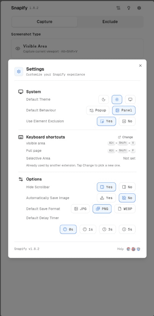 Snapify sidebar panel settings with keyboard shortcuts and export options Snapify sidebar panel settings with keyboard shortcuts and export options
